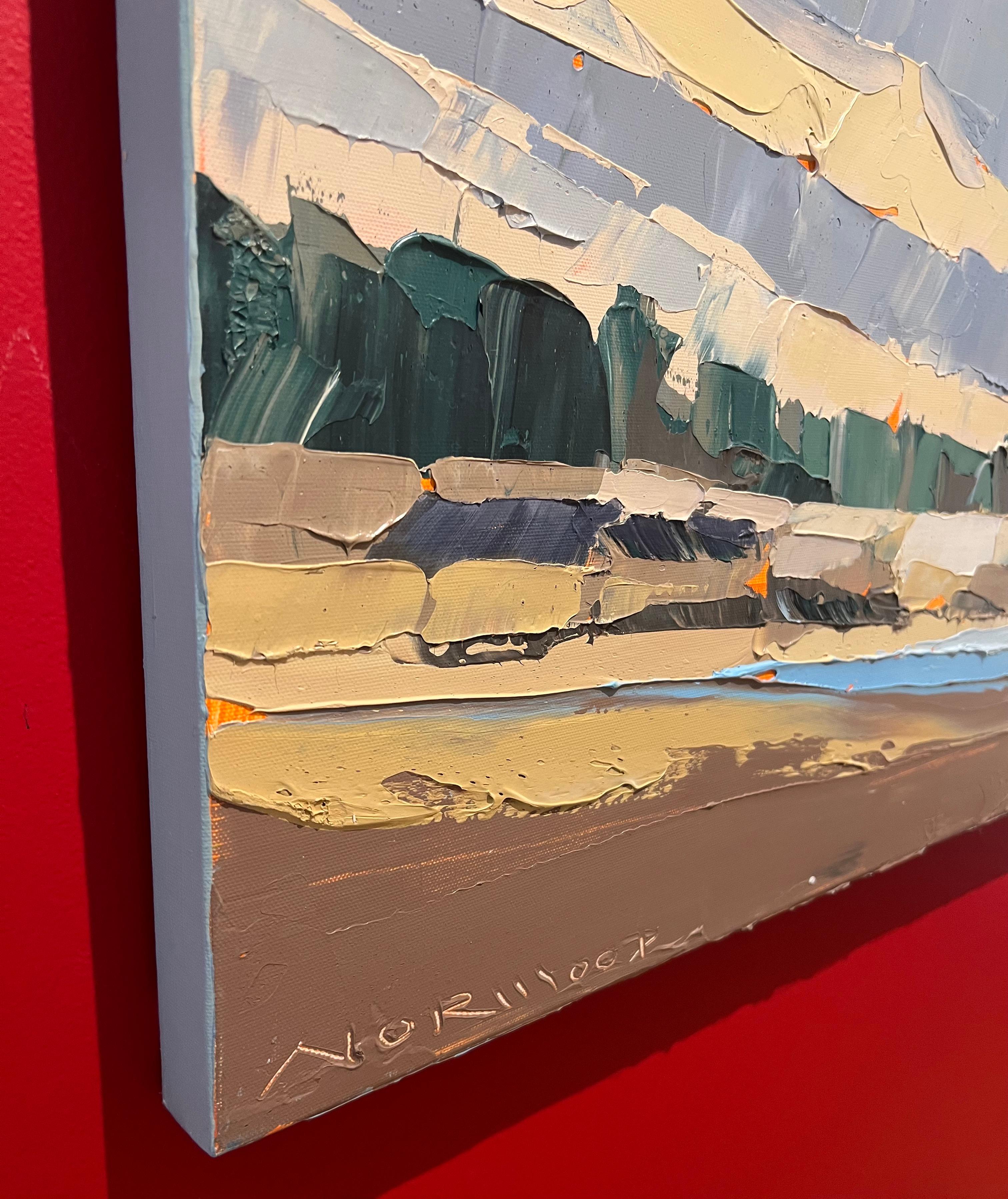 « Low Tide », couteau à palette abstraite, paysage en acrylique représentant des nuages au-dessus du rivage  en vente 3
