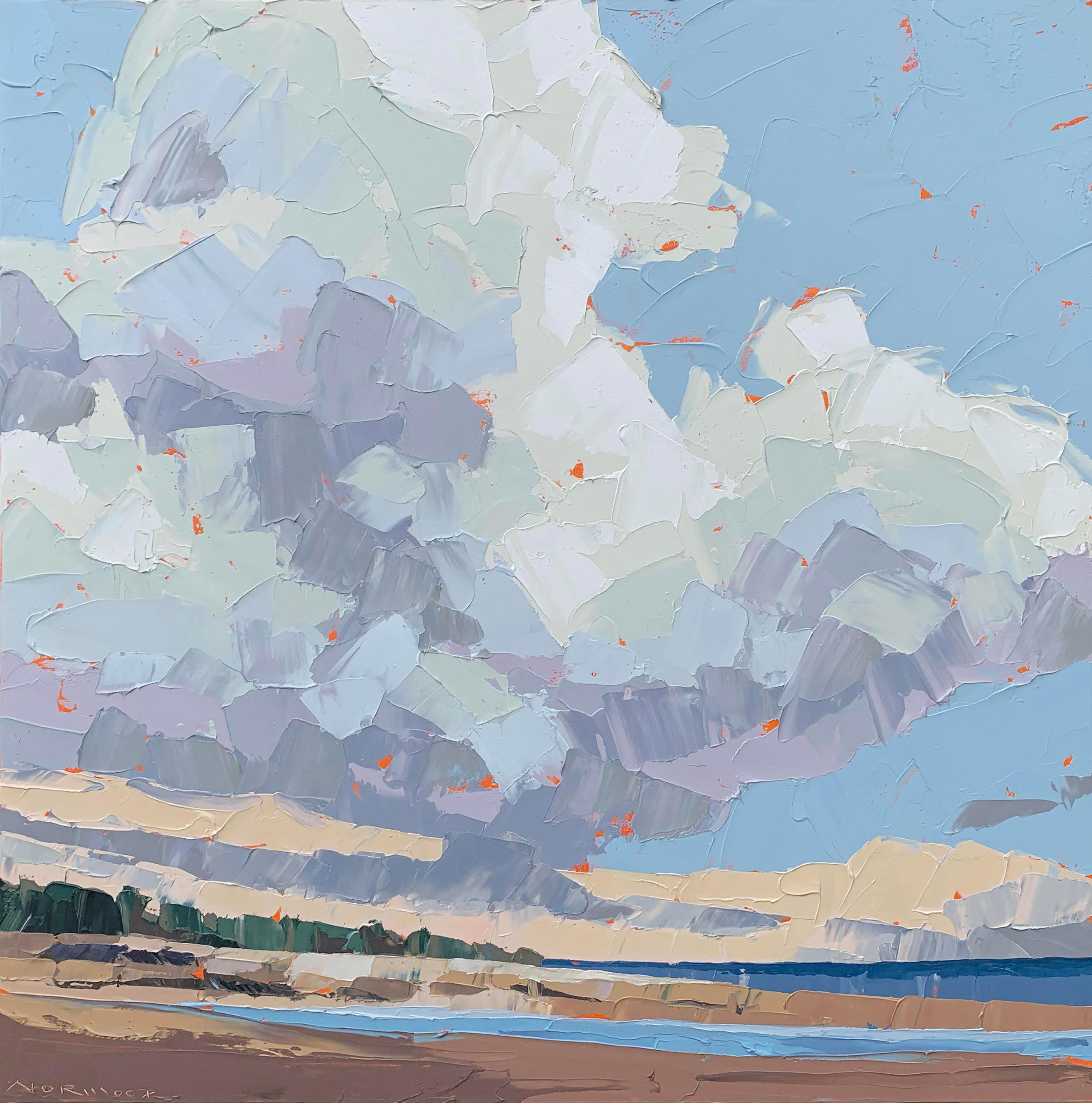 Abstract Painting Paul Norwood - « Low Tide », couteau à palette abstraite, paysage en acrylique représentant des nuages au-dessus du rivage 