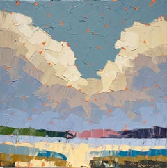 "Midas Clouds" Abstract landscape painting of gold clouds, blue water and hills