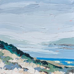 « Brouillard matinal », bleu, orange, gris, couteau à peinture, paysage terrestre, paysage marin, crique
