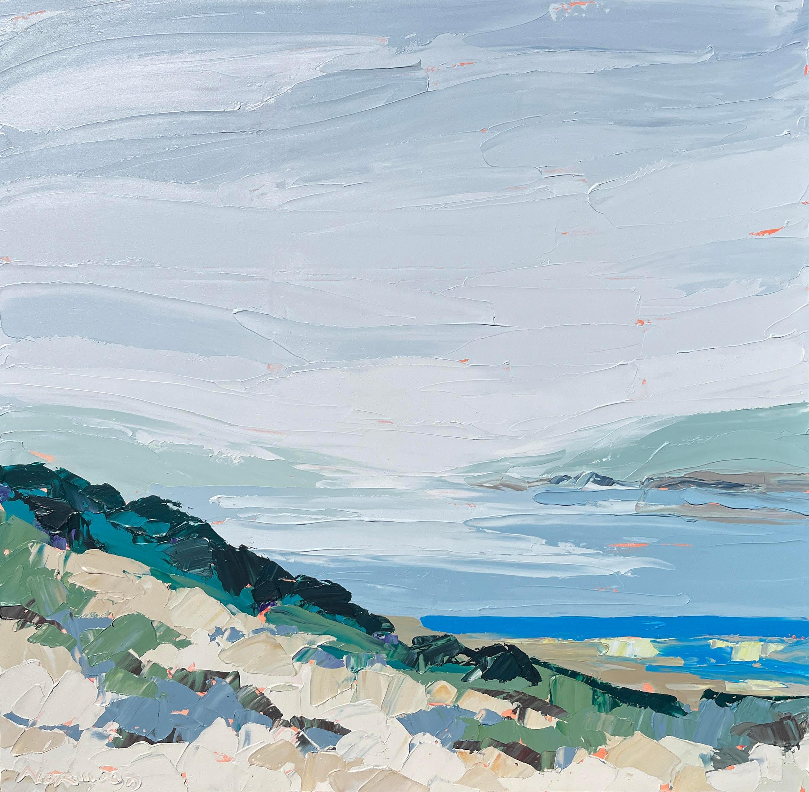 "Morning Fog", blue, orange, grey, palette knife, landscape, seascape, cove