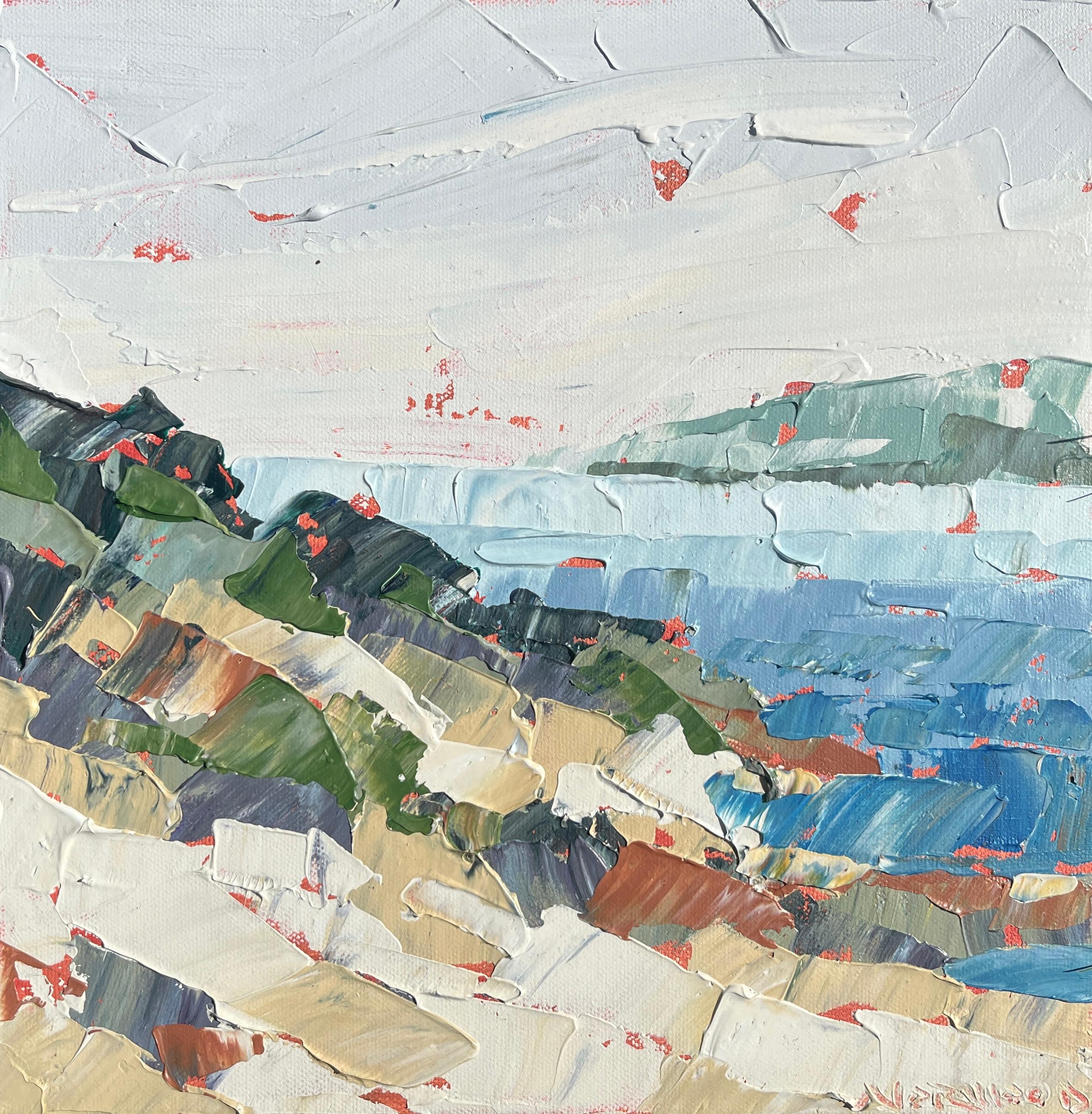 Paul Norwood Abstract Painting – "Morgennebel" kühl getöntes Impasto-Gemälde von Dünen am Meer