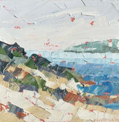 "Morning Mist" cool toned impasto painting of dunes by the ocean