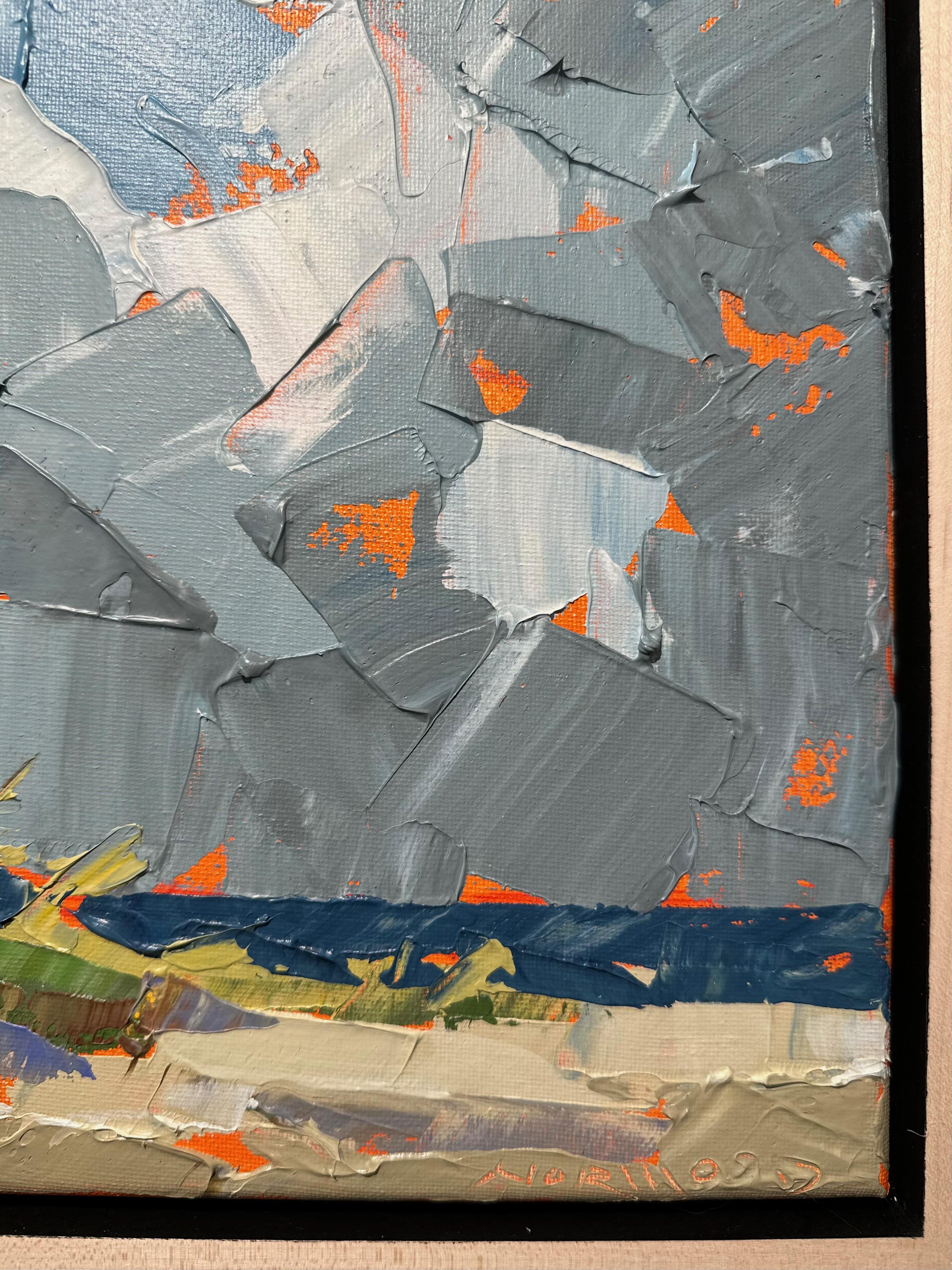 Peinture acrylique de style empâtement « North Wind » représentant des nuages sur la plage et les dunes - Bleu Landscape Painting par Paul Norwood