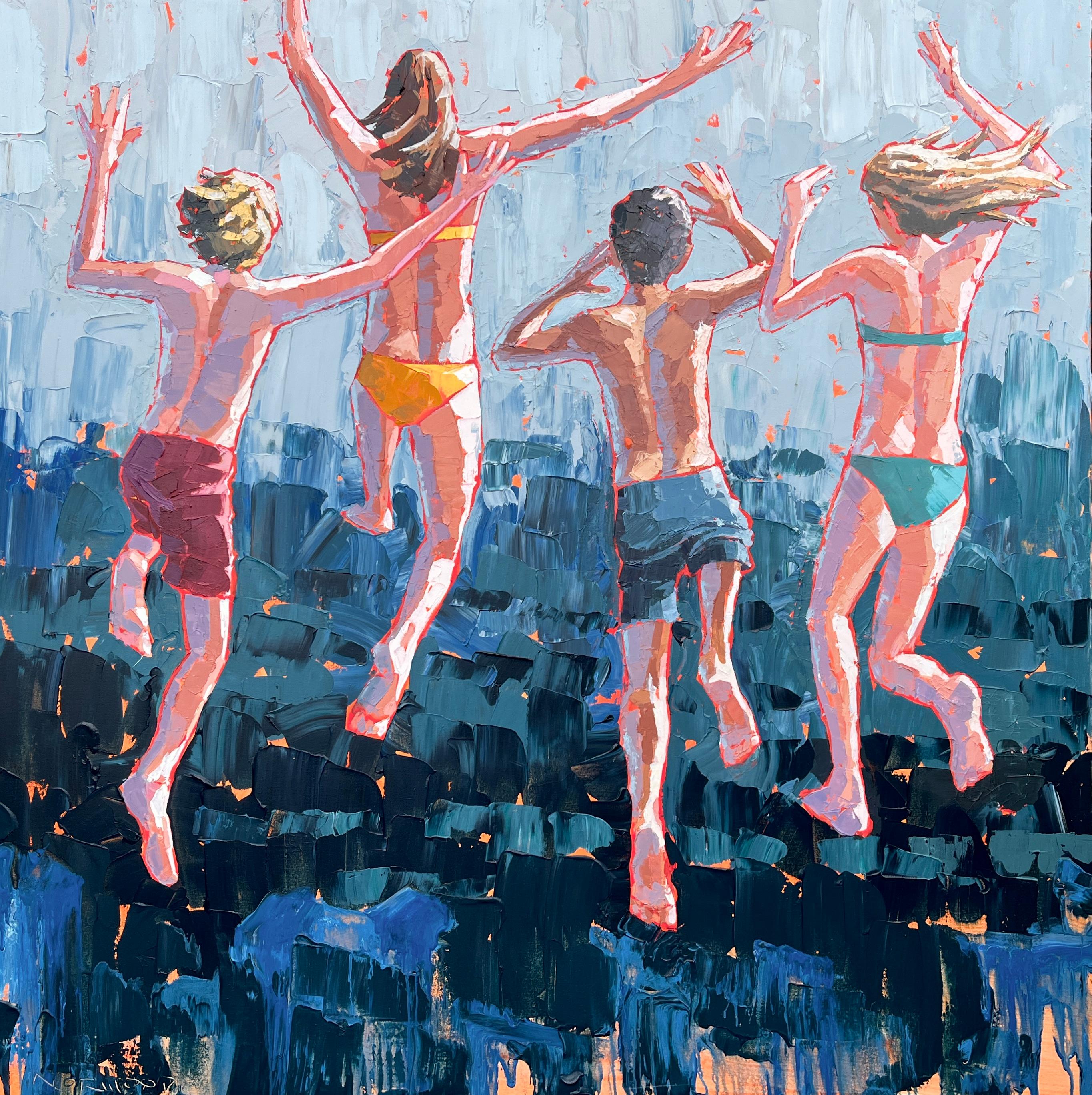 Paul Norwood Figurative Painting - "On Three" impasto acrylic painting of 4 kids jumping into deep blue water