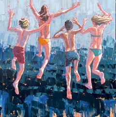 "On Three" impasto acrylic painting of 4 kids jumping into deep blue water
