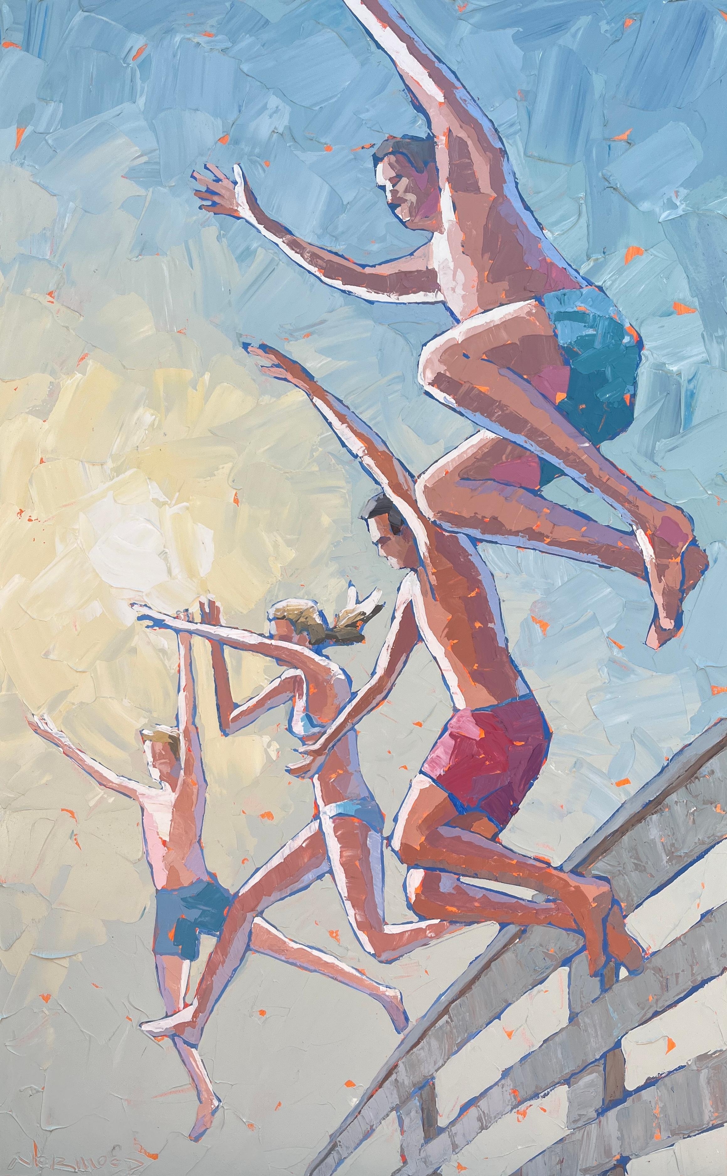 Paul Norwood Abstract Painting - "Over the Edge" side profile of four people jumping off a bridge into the water