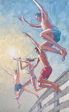 "Over the Edge" side profile of four people jumping off a bridge into the water