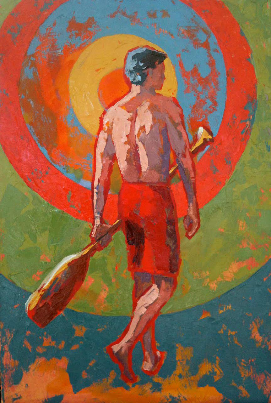 Paul Norwood Figurative Painting - "Paddle" impasto painting of man with paddle on orange, red and green background