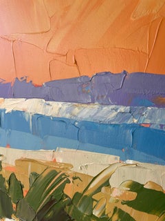 "Painted Sky" Orange Acrylic Sun sets over the ocean, contrasted with blue sky