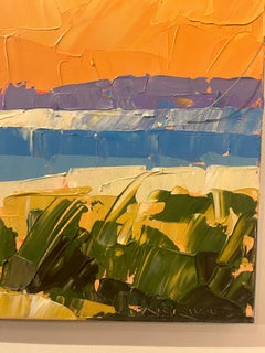 « Ciel peint » : orange, bleu, paysage céleste réalisé au couteau à peinture, coucher de soleil, lumière, océan et terre