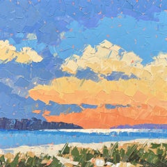 « Ciel peint » : orange, bleu, paysage céleste réalisé au couteau à peinture, coucher de soleil, lumière, océan et terre