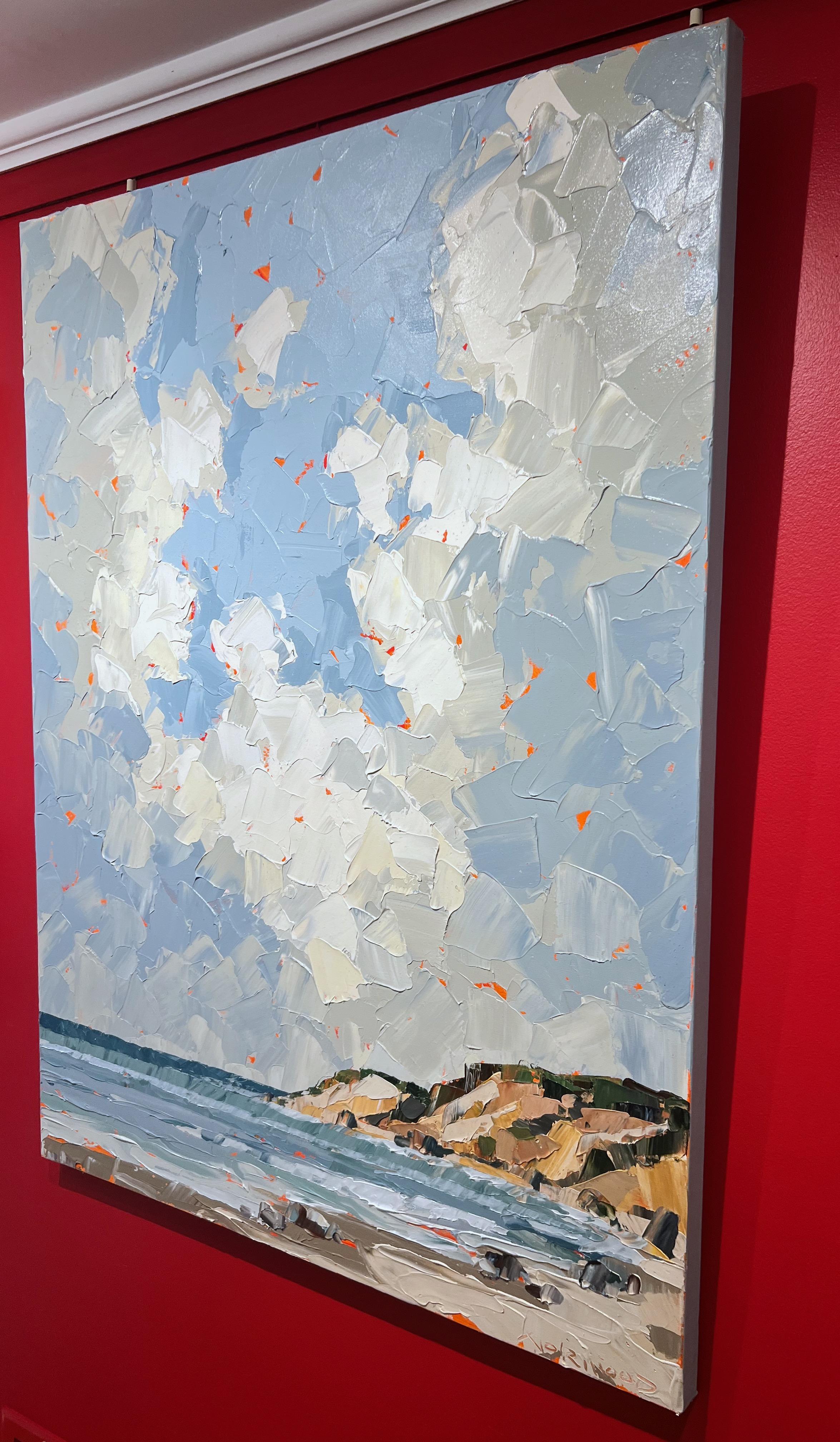 „Parting Clouds“ Acryl-Pastellmesser-Gemälde eines Strandes, von Klippen und des Ozeans 1