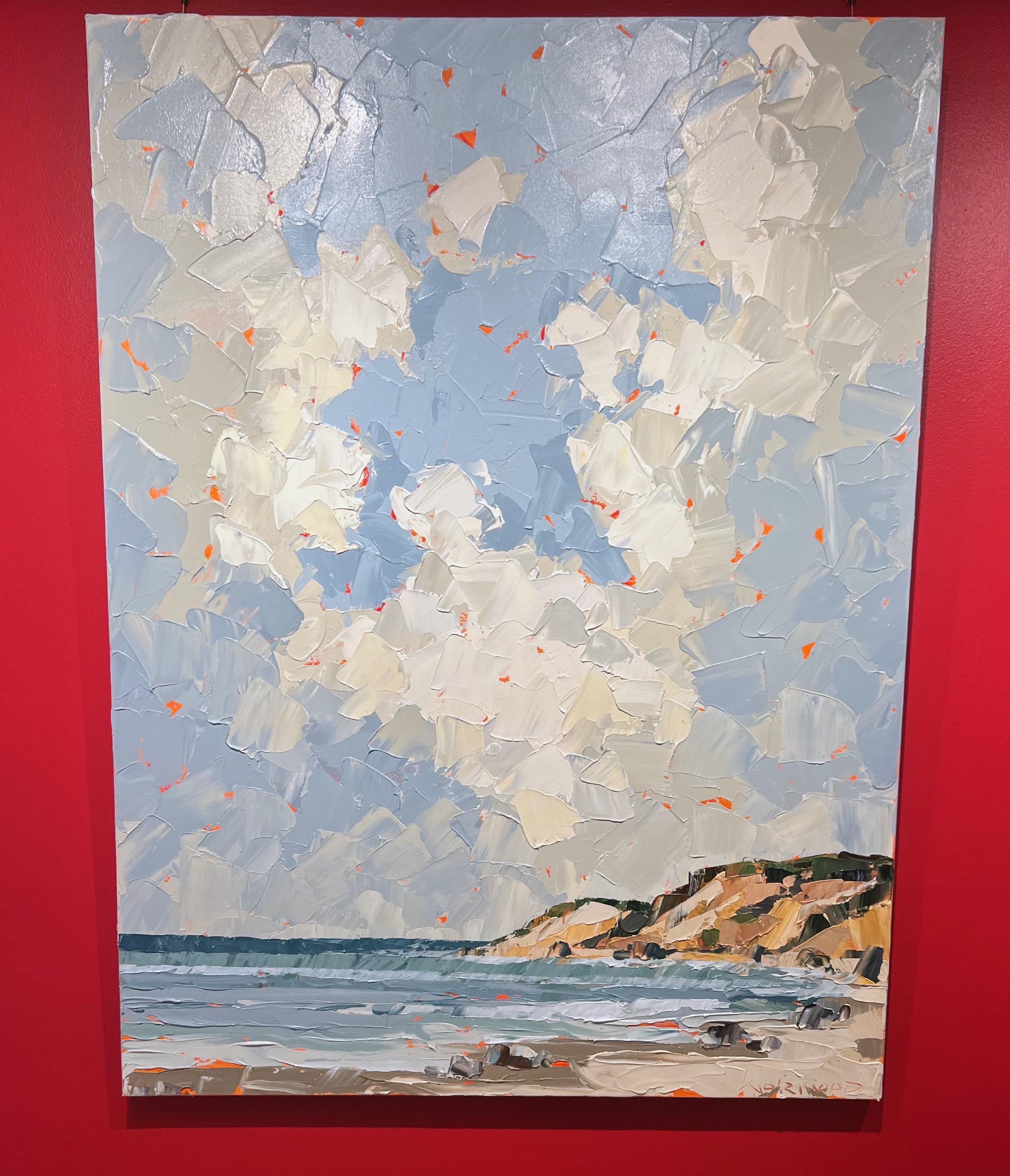 „Parting Clouds“ Acryl-Pastellmesser-Gemälde eines Strandes, von Klippen und des Ozeans 3