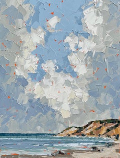 „Parting Clouds“ Acryl-Pastellmesser-Gemälde eines Strandes, von Klippen und des Ozeans