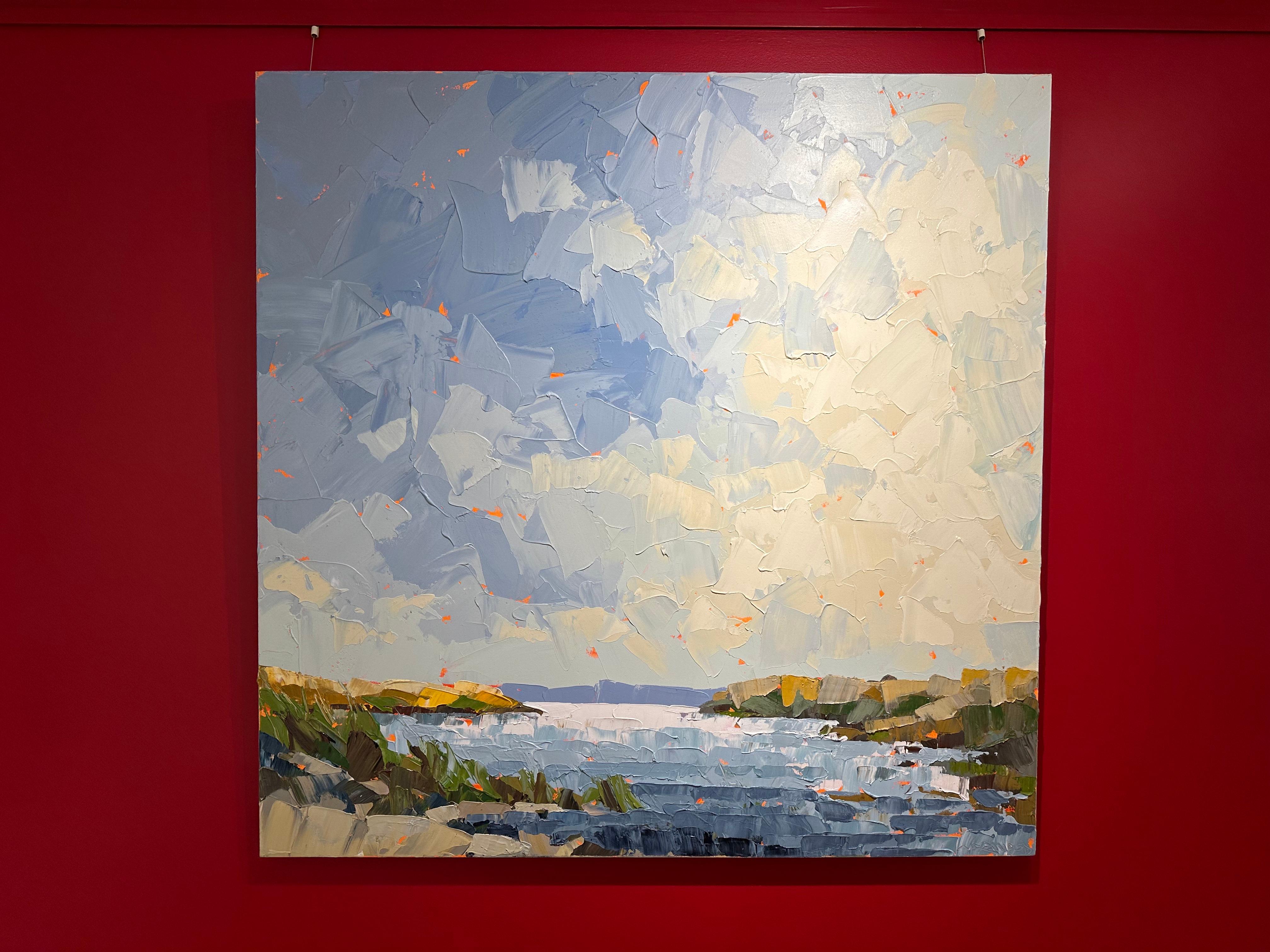 Peinture de paysage abstrait à l'acrylique « Lake View » dans des nuages de nuages bleus d'un étang - Painting de Paul Norwood