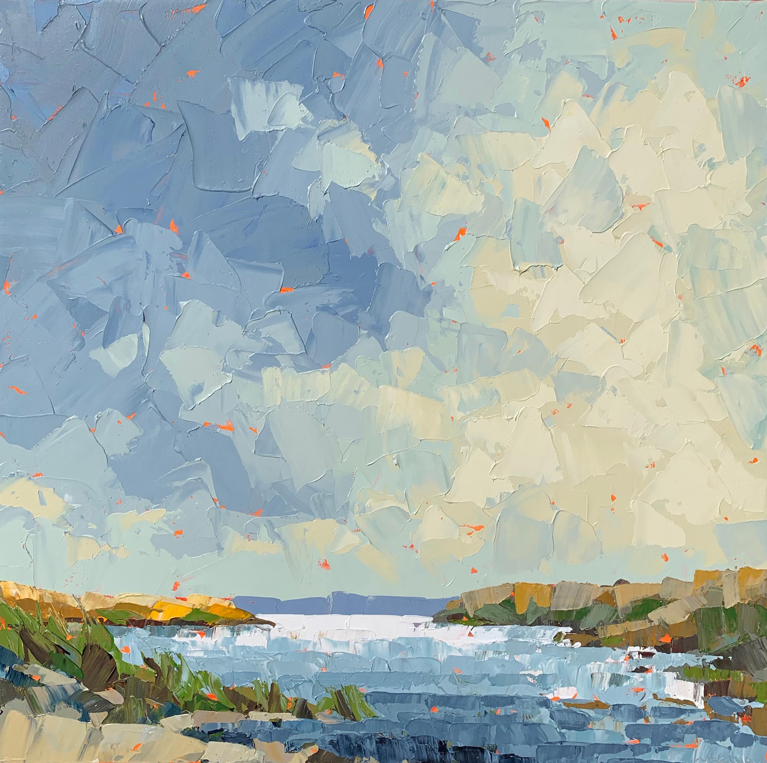 Paul Norwood Landscape Painting - "Pond View" abstract acrylic landscape painting in shades of blue pond clouds