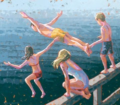 « Terre d'été », peinture en pâte de verre représentant quatre enfants sautant dans une eau bleue profonde