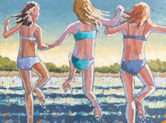 Peinture à l'empâtement « Splash » de trois filles sautant dans l'eau bleue