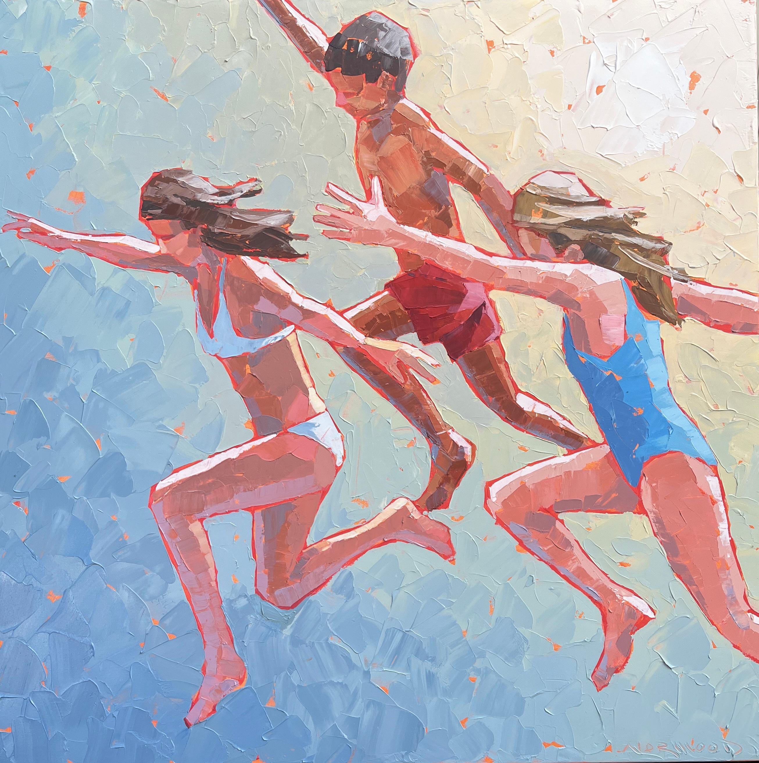 Figurative Painting Paul Norwood - "Summer Kids" peinture acrylique au couteau à palette d'enfants en maillots de bain en train de sauter.