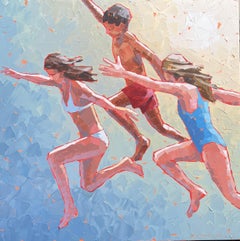 "Summer Kids" acrylic palette knife painting of kids in swimsuits jumping