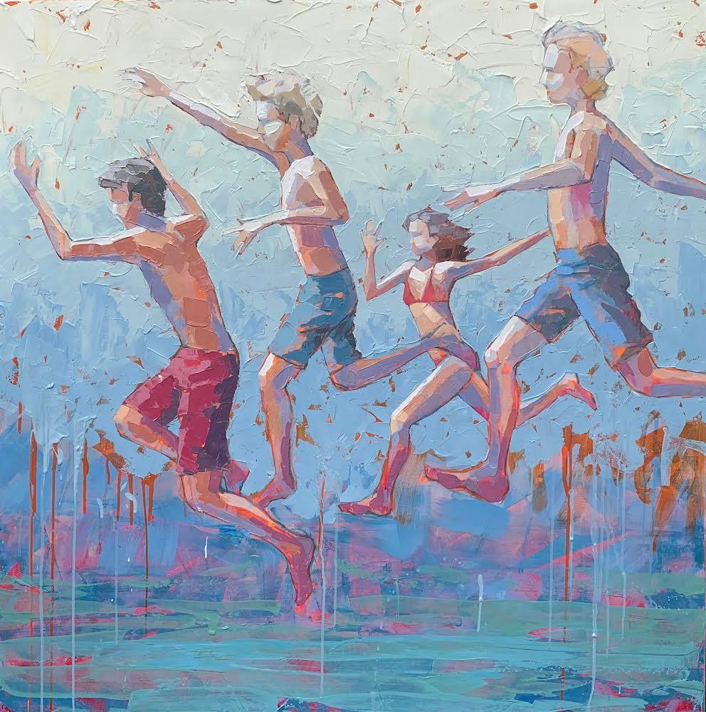 Landscape Painting Paul Norwood - Summer Vibes, une peinture acrylique figurative à forte empâtement avec enfants en vol
