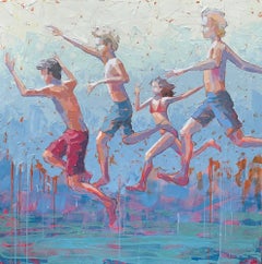 “Summer Vibes”, a strong impasto figurative acrylic painting with kids in flight