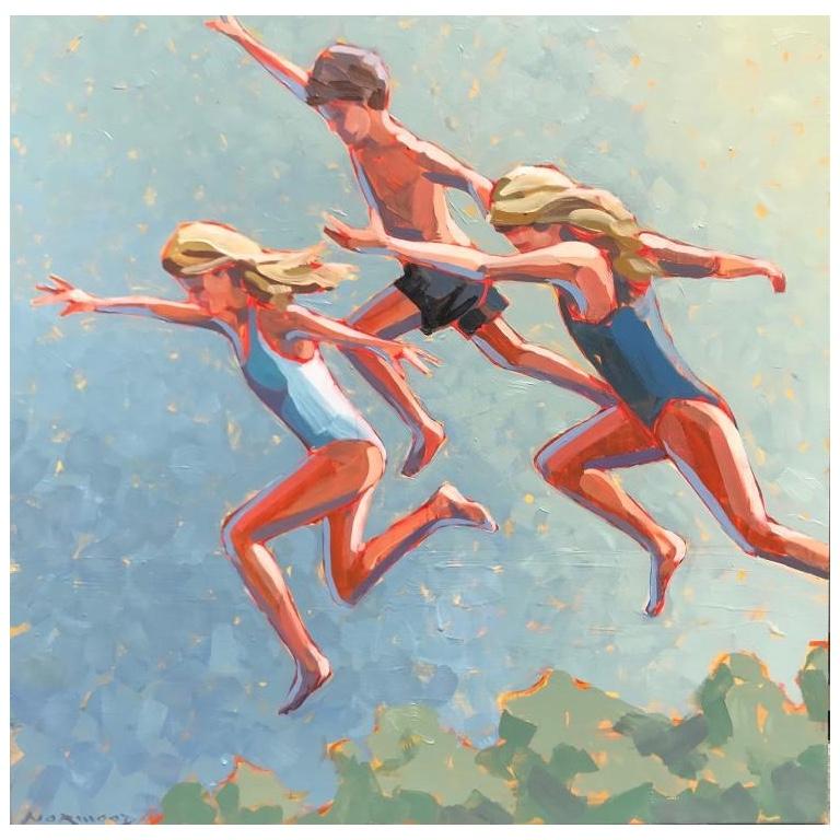 Paul Norwood Figurative Painting - "Sun Drenched" Children Jumping into the Water on a Hot Summer Day