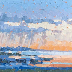 "Sunset Shower" rain pours from the clouds into the sea below, a myriad of color