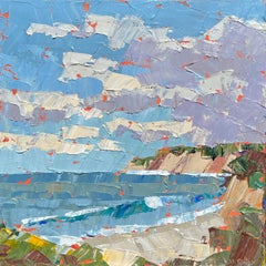 Abstraktes Acrylgemälde „The Cliffs“ von Klippen neben kristallblauem Meer.
