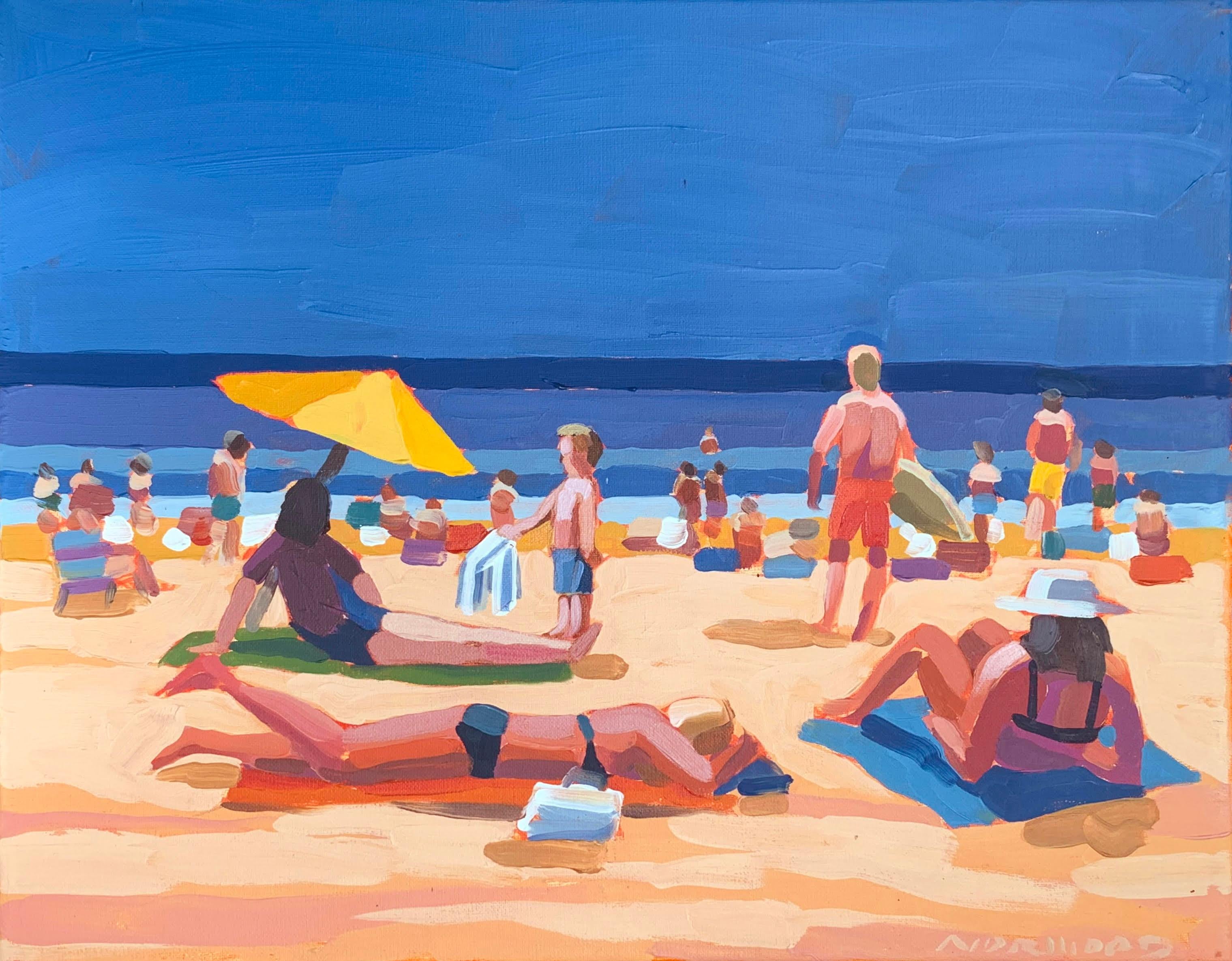 Paul Norwood Figurative Painting - "Toes in the Sand" acrylic painting of colorful beach scene with blue sky
