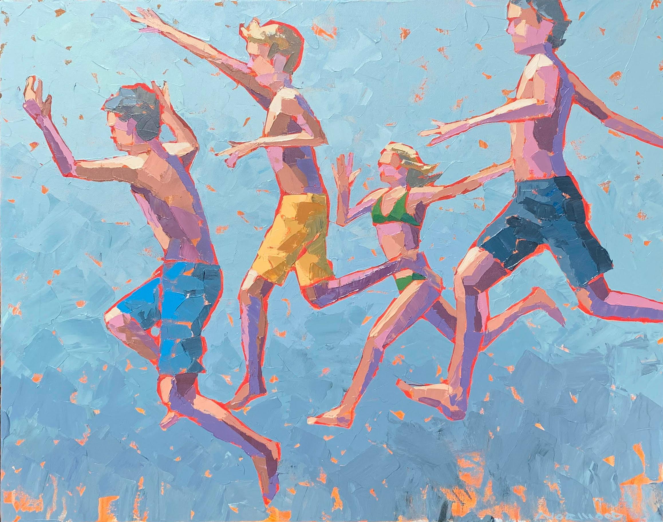 Paul Norwood Figurative Painting - "Walking on Air" impasto acrylic painting of kids in swimsuits jumping