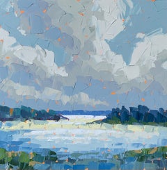 "Water Light" abstract acrylic landscape painting in shades of blue pond clouds