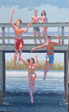 "¿Quién es el siguiente?" pintura empastada de niños saltando al agua desde el puente Tiburón