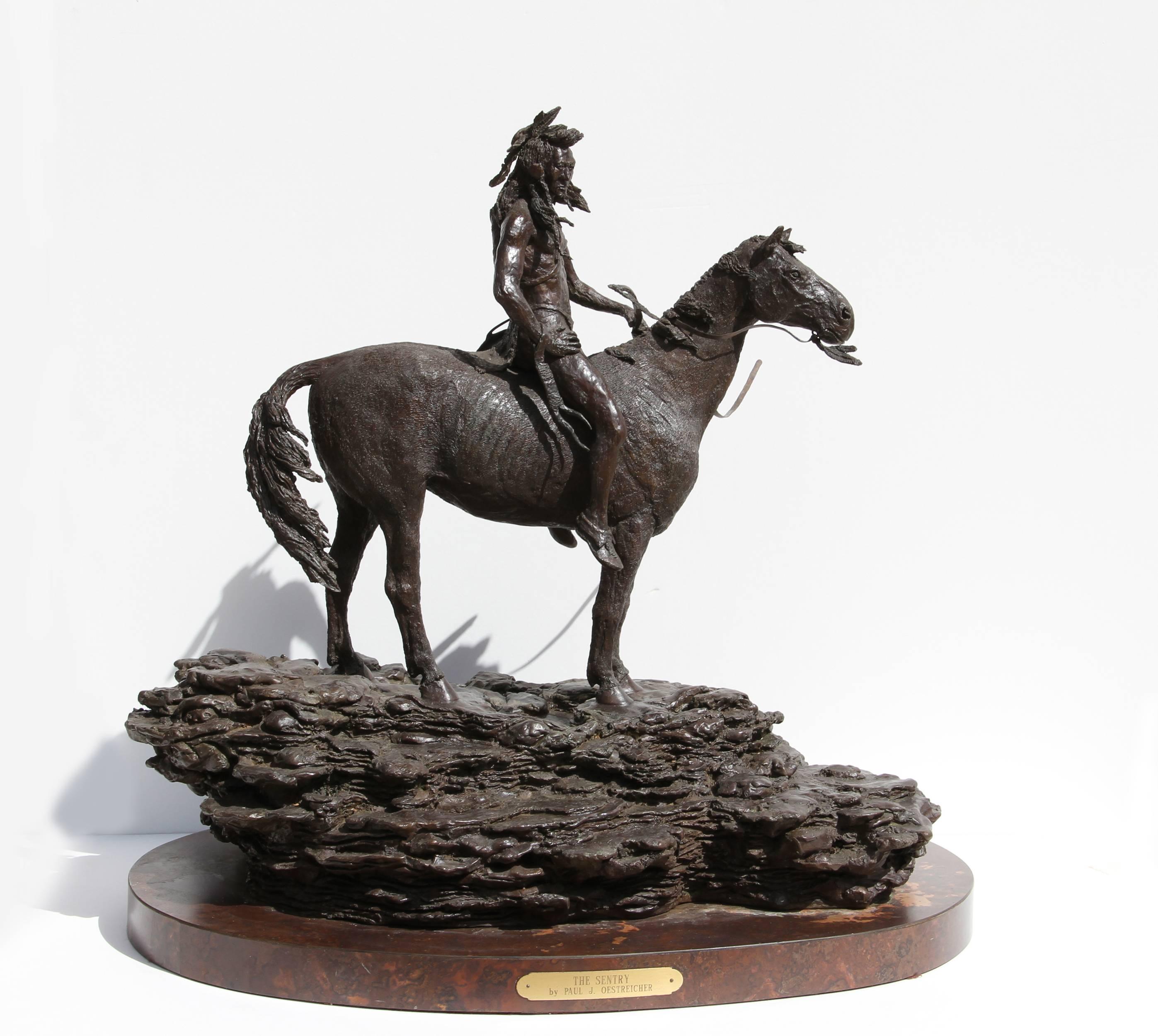 Artist: Paul Oestreicher, American
Title: The Sentry
Year: 1985
Medium: Bronze Sculpture, signature inscribed
Edition: 3/6
Size: 22.5 in. x 23 in. x 16 in. (57.15 cm x 58.42 cm x 40.64 cm)
Base 1.75 inches tall

This is a sold, heavy bronze that