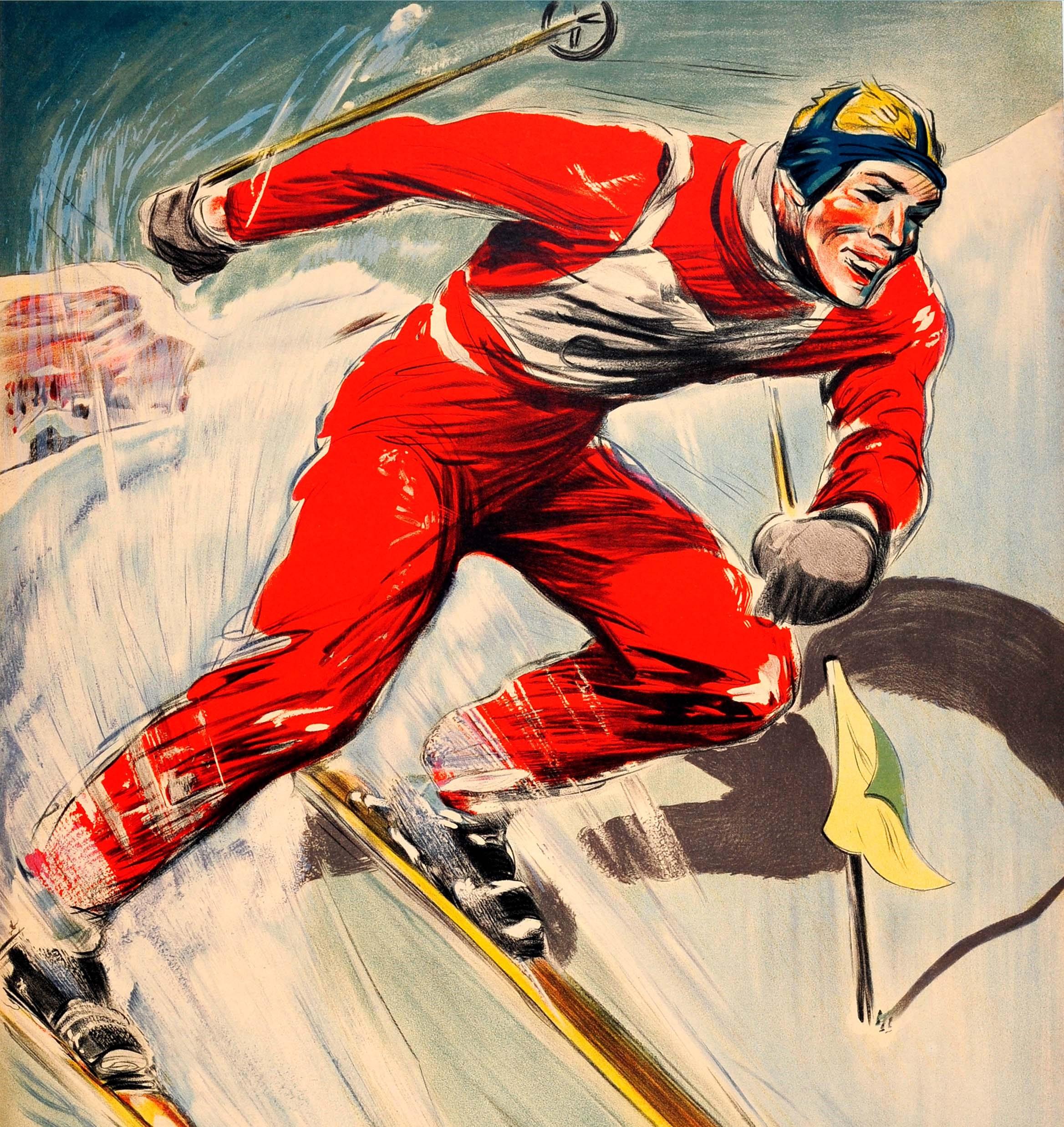Original Vintage 1930er Jahre Skifahren Poster von Paul Ordner für Mont Revard Frankreich PLM 2