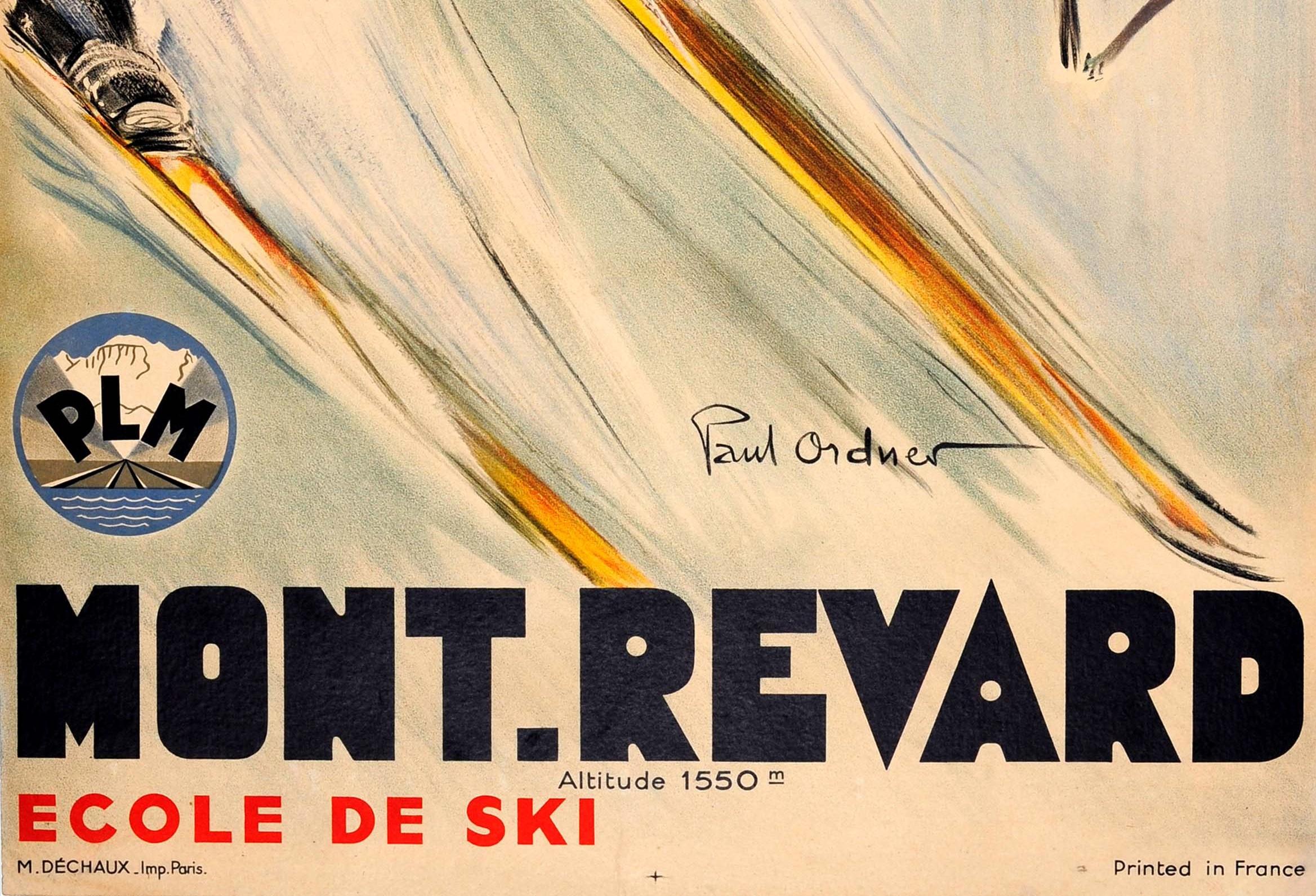 Original Vintage 1930s Skiing Poster by Paul Ordner for Mont Revard France PLM 2