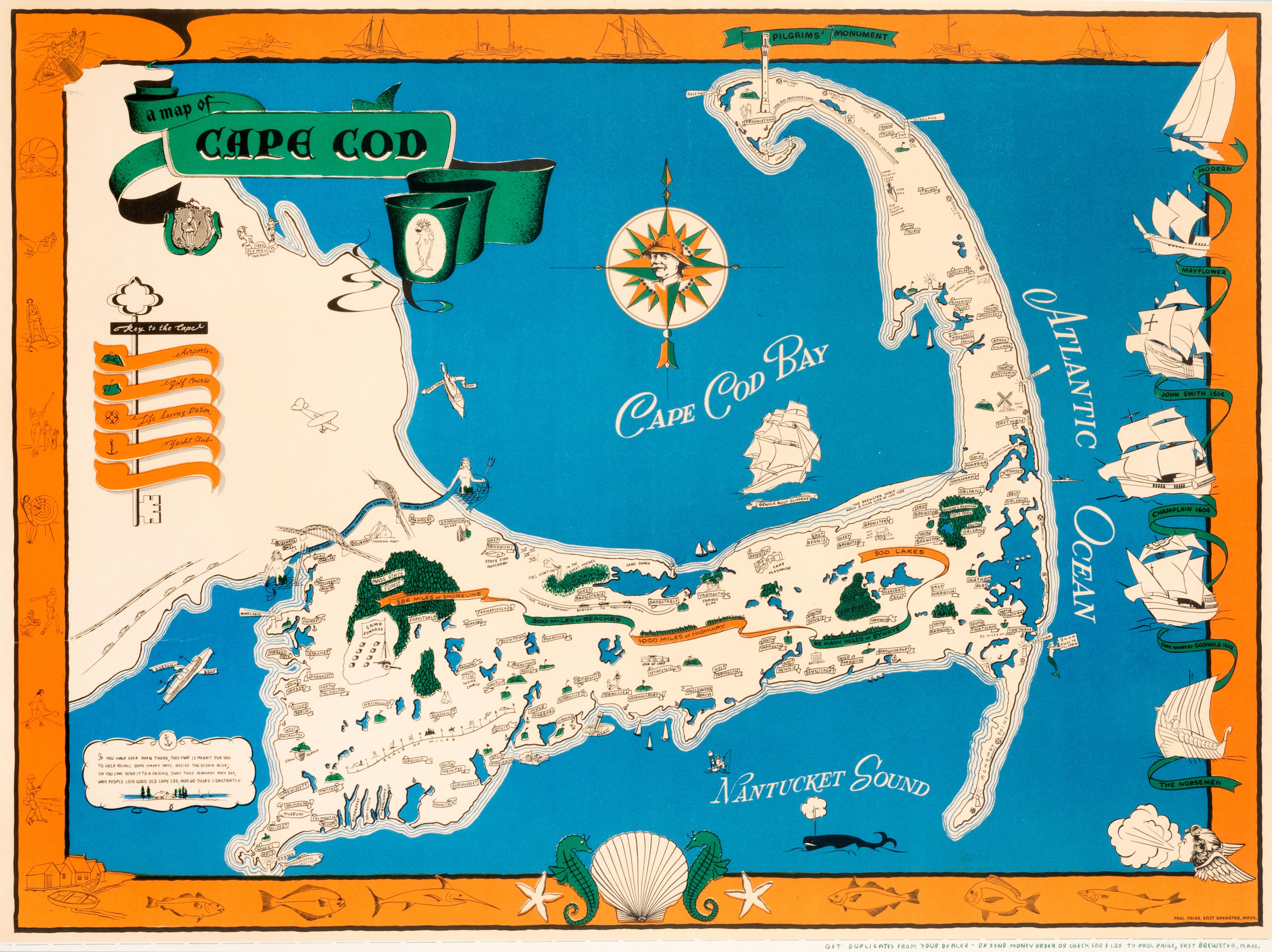 Paul Paige Landscape Print - Illustrated Map of Cape Cod - 1930s Original Vintage Poster Massachusetts Coast