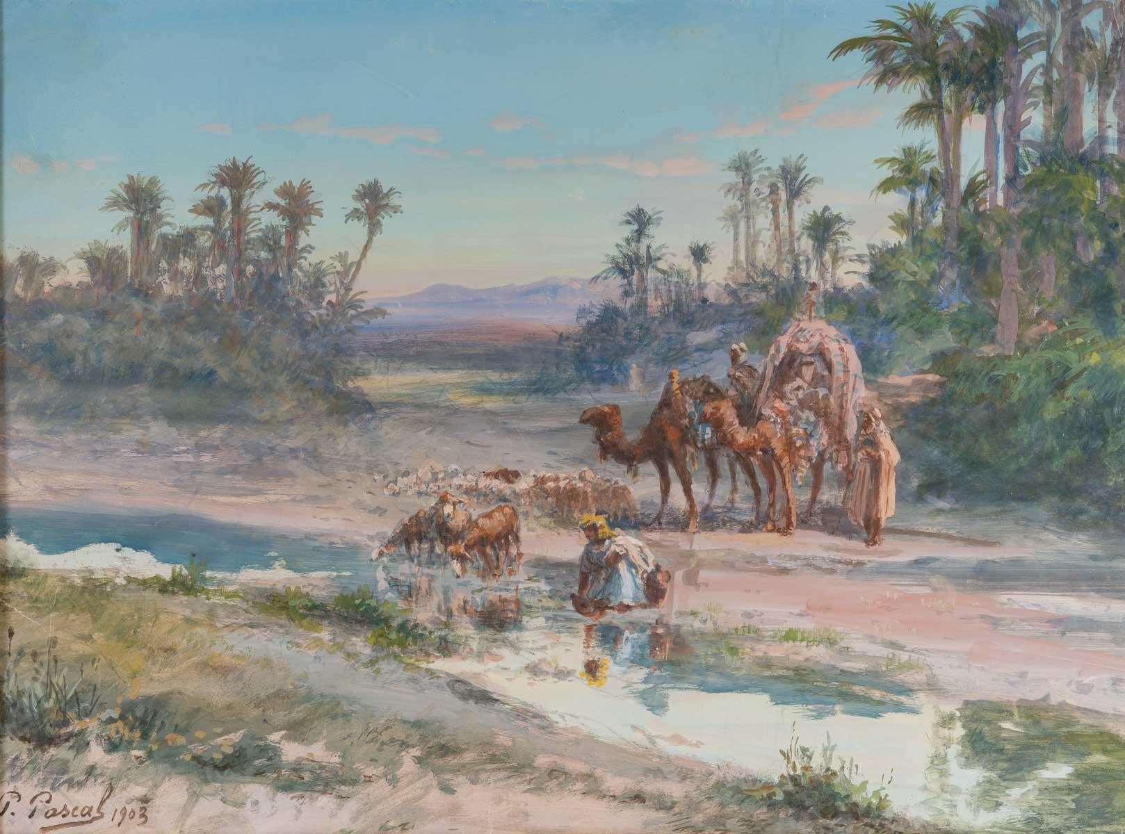 Break at The oasis - Gouache 1903 - Academic Painting by Paul PASCAL