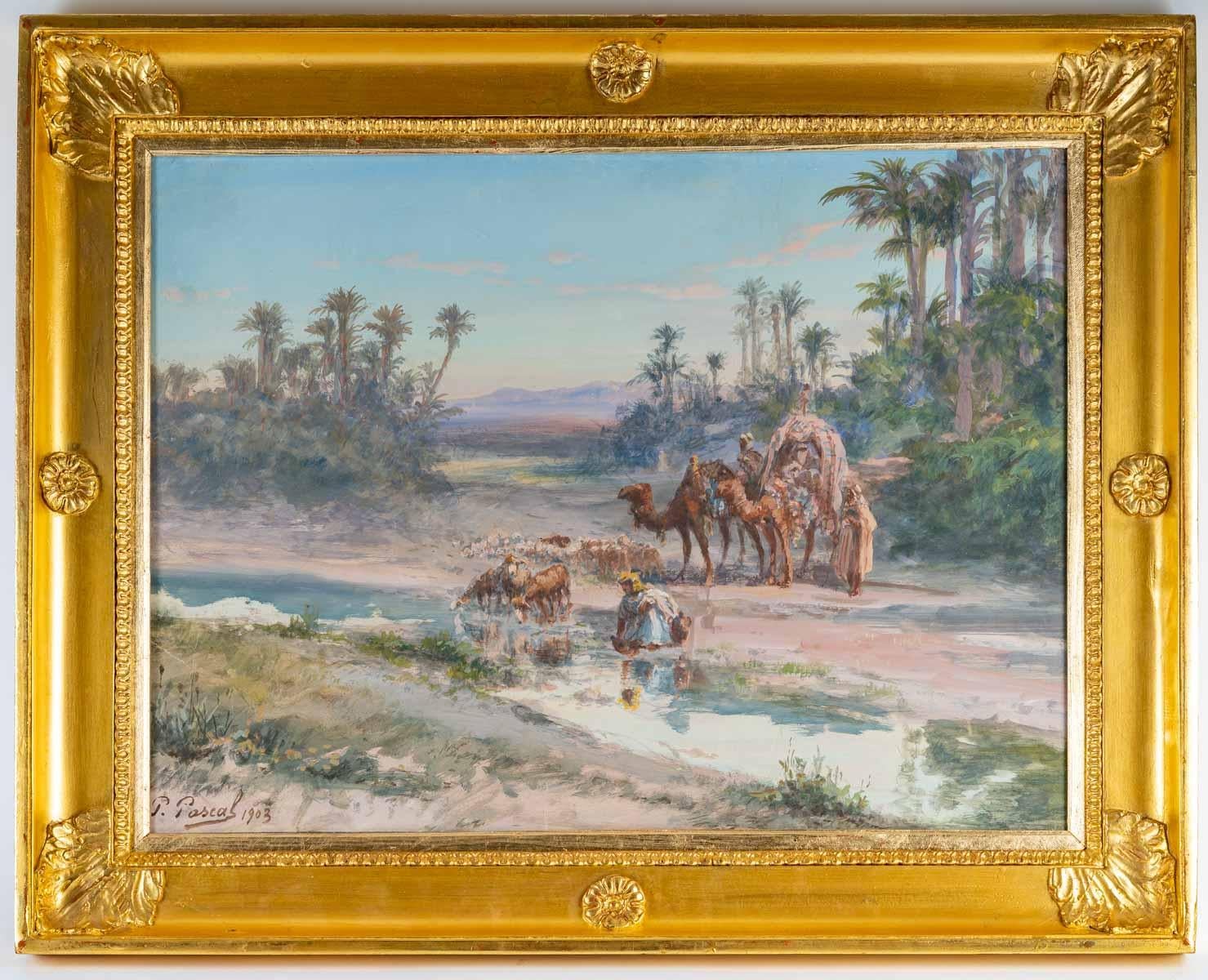 Paul PASCAL Portrait Painting - Break at The oasis - Gouache 1903