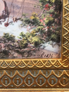 Vue orientaliste avec personnages - Gouache 1894