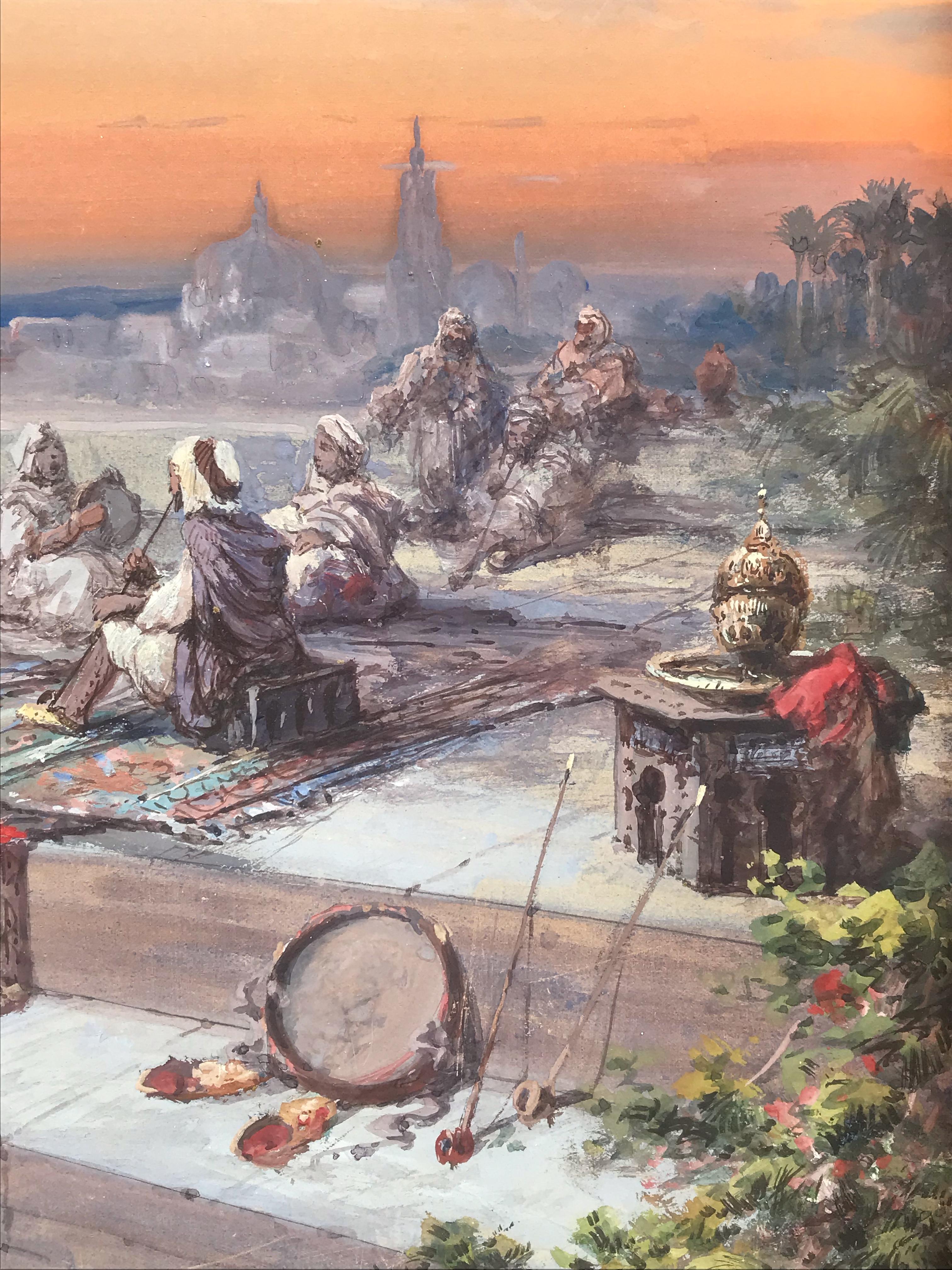 Vue orientaliste avec personnages - Gouache 1894 - Académique Painting par Paul Pascal