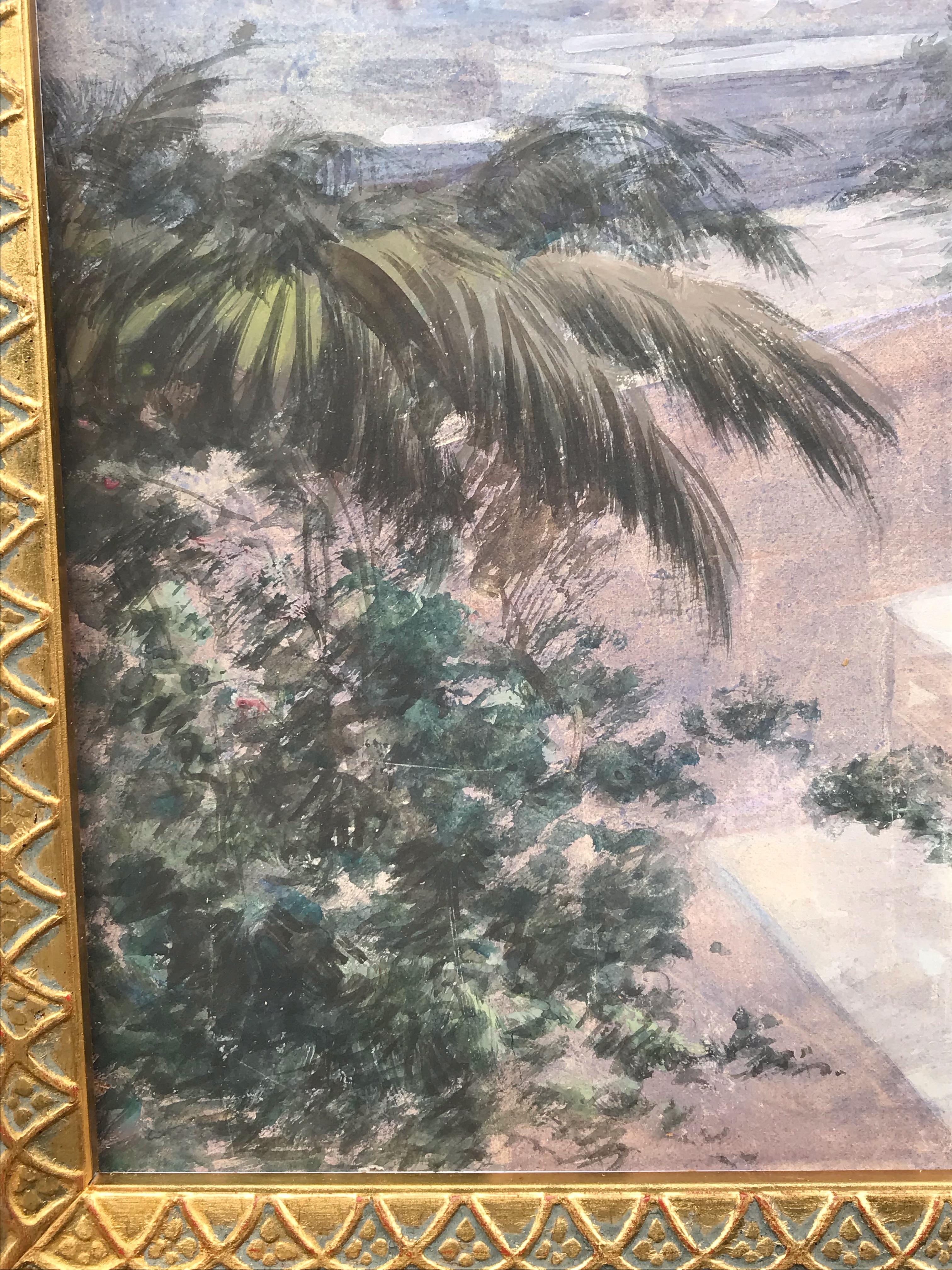 Vue orientaliste avec personnages - Gouache 1894 - Marron Landscape Painting par Paul Pascal