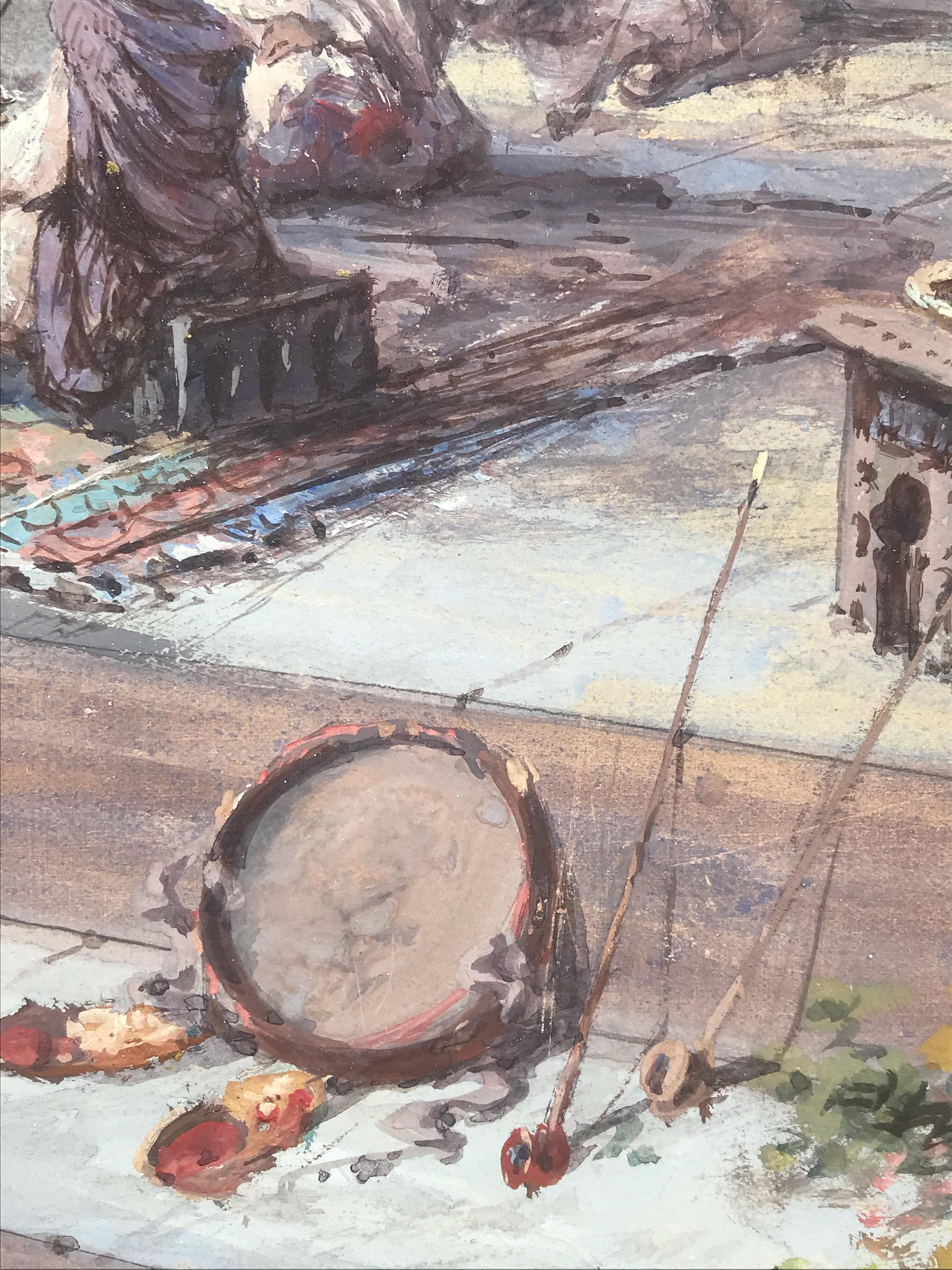Vue orientaliste avec personnages - Gouache 1894 en vente 2