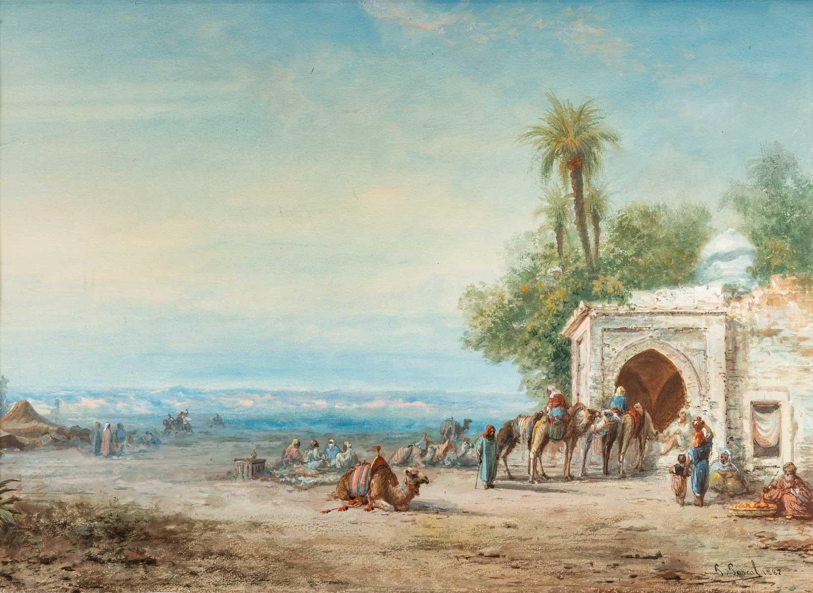 Panorama of The Minaret - Orientalist Gouache 1882 - Academic Painting by Paul Pascal