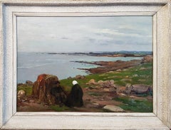 Antique French marine painting oil 20th century Bay  Kersaint Brittany Finistere France