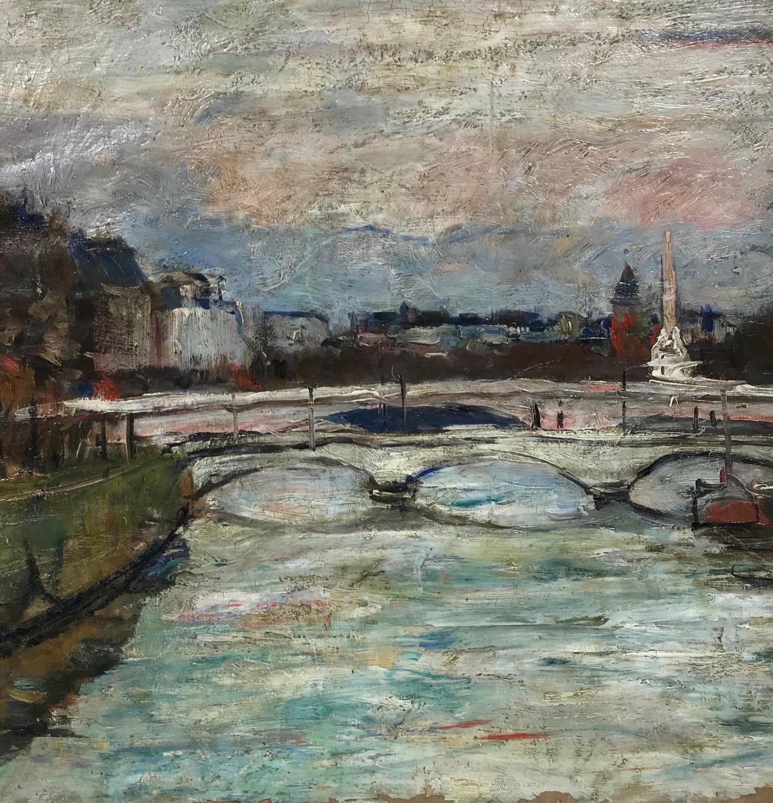 The River Seine Paris, signed French Post-Impressionist Oil Painting, c. 1930's - Gray Landscape Painting by Paul Petit