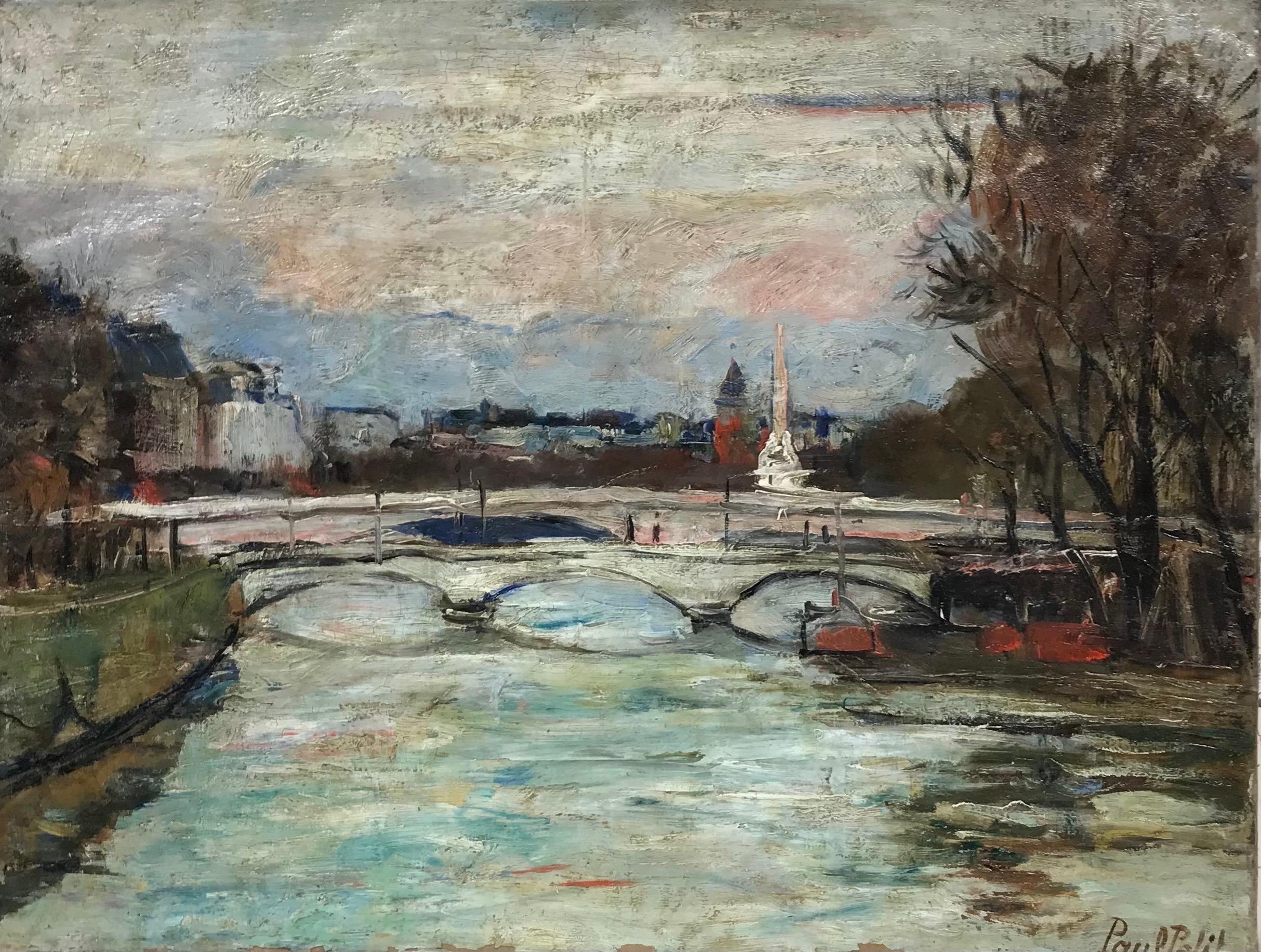 Paul Petit Landscape Painting - The River Seine Paris, signed French Post-Impressionist Oil Painting, c. 1930's