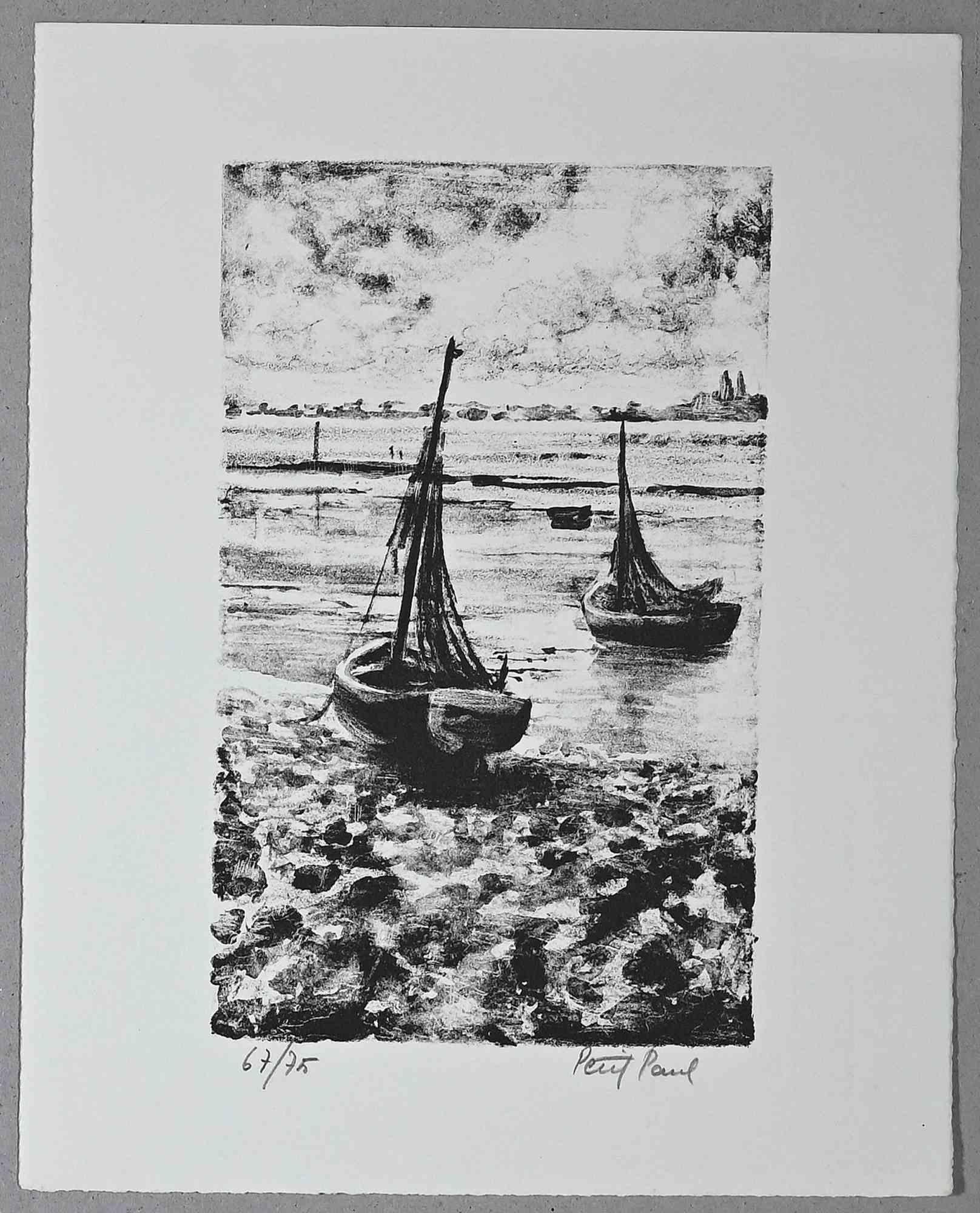 Boote – Originallithographie von Paul Petit – Mitte des 20. Jahrhunderts im Angebot 1