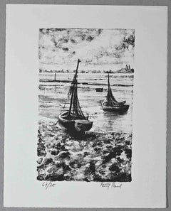 Boote – Originallithographie von Paul Petit – Mitte des 20. Jahrhunderts